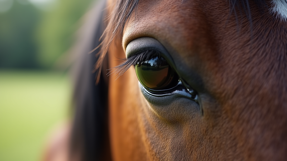 Close-up view of a horse’s eye reflecting a peaceful outdoor setting