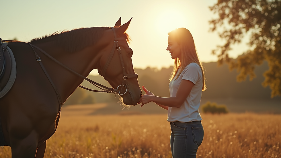 Eye-level view of a serene outdoor coaching session with a single individual and a horse