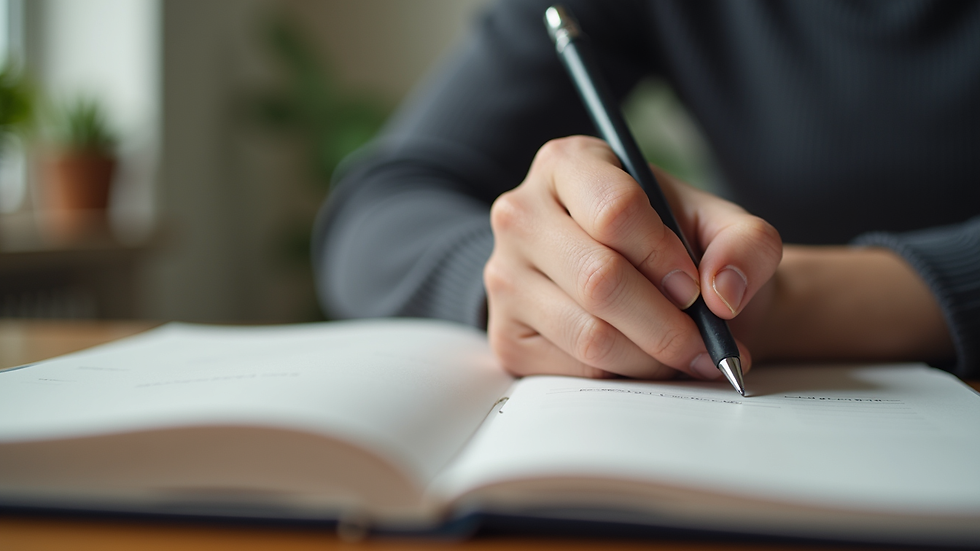Close-up view of a person writing in a leadership journal with a calm background