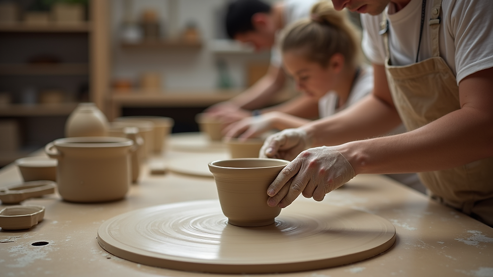 Eye-level view of a pottery workshop with students shaping clay