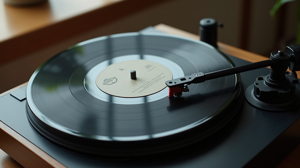 High angle view of a vinyl record spinning on a turntable
