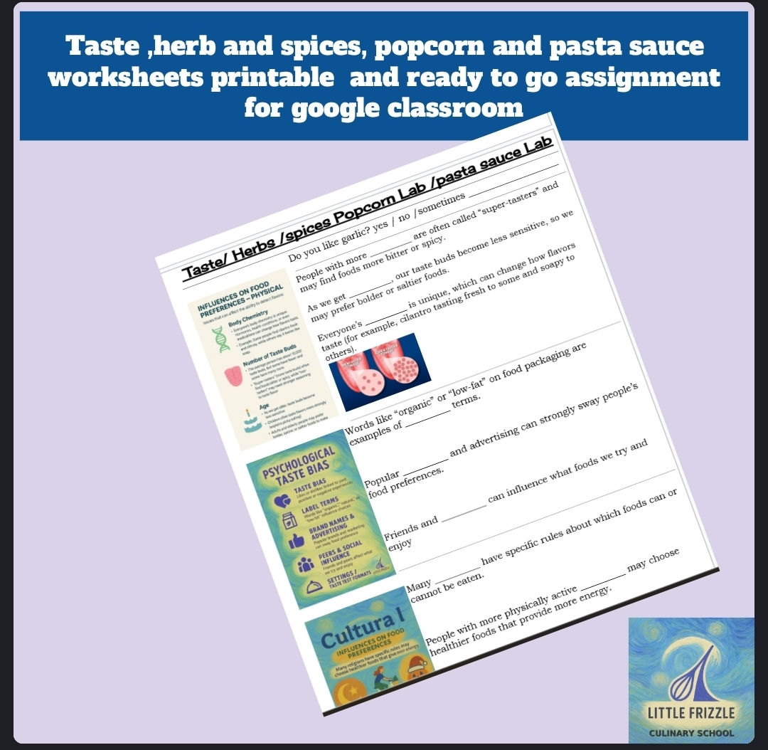Taste,herbs and spices printable worksheets,recipes and cooking show questions