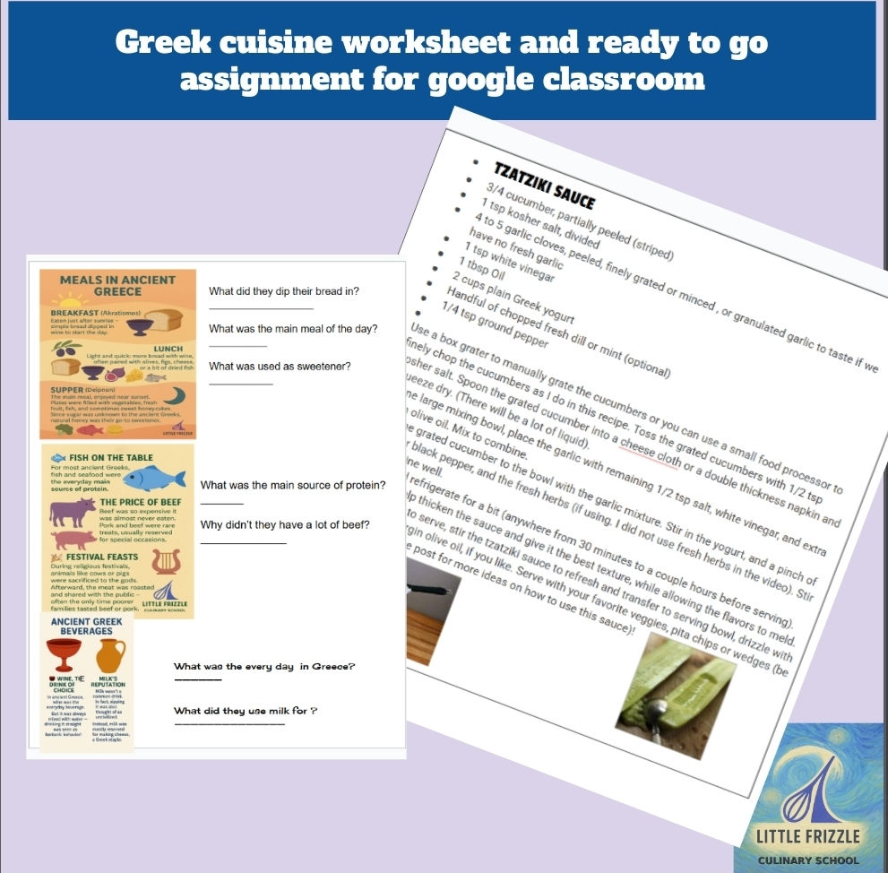 Greek cuisine printable worksheets, recipes and cooking show viewing questions