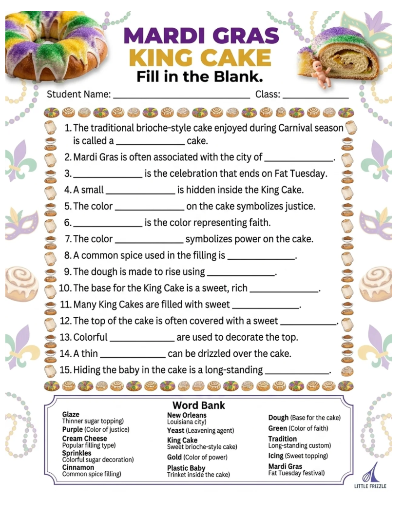 printables Mardi Gras king cake