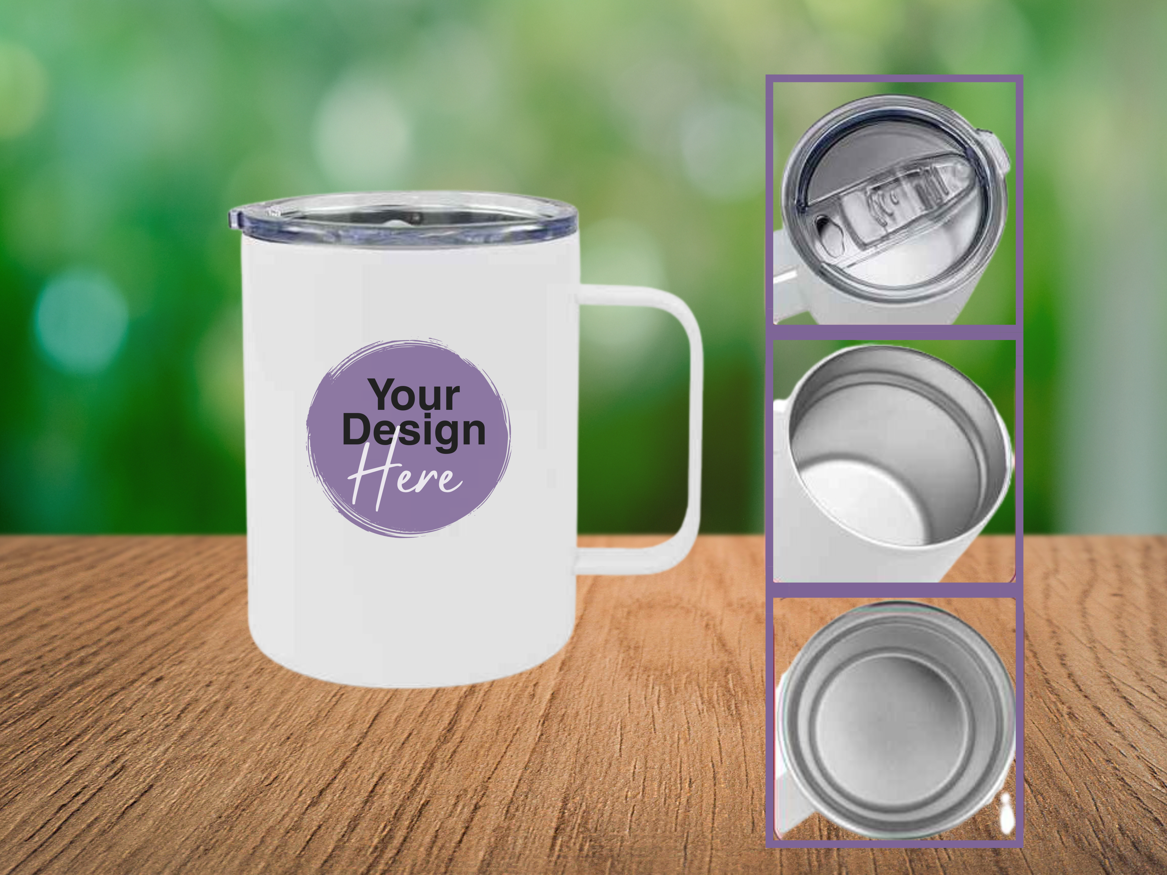 White custom mug, 'Your Design Here' label, lid, interior, and base details