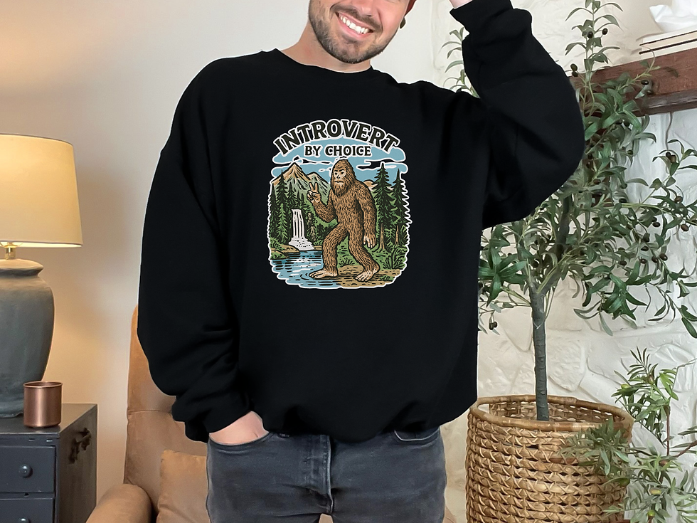 Thumbnail: Black sweatshirt: Bigfoot, mountains, 'INTROVERT BY CHOICE'