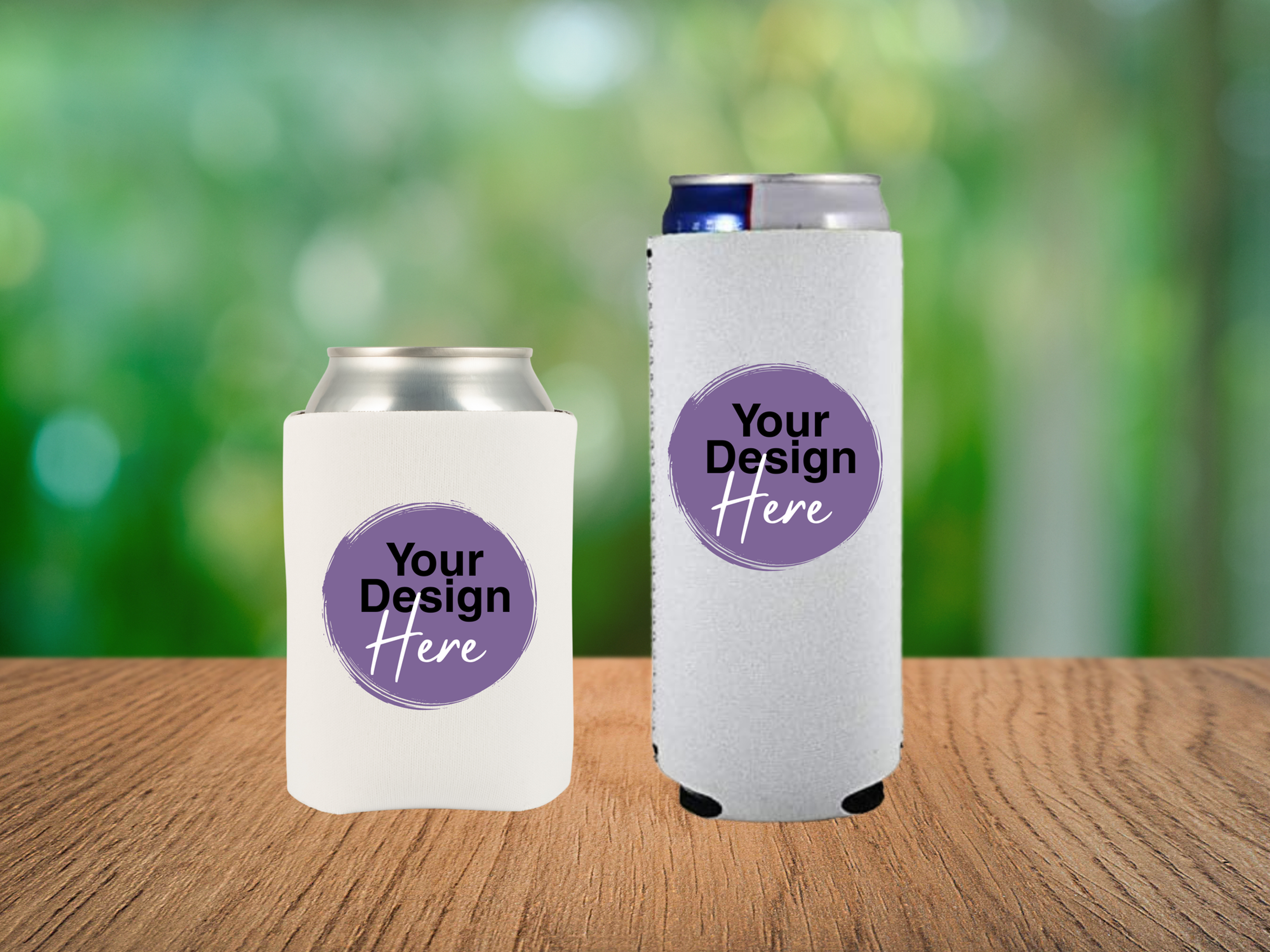 Custom 12oz and 16oz drink koozies with 'Your Design Here'