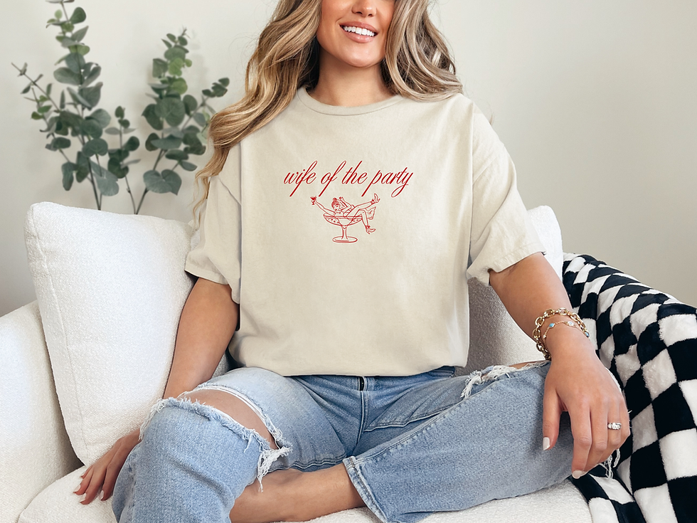 T-shirt with 'wife of the party' text and martini glasses