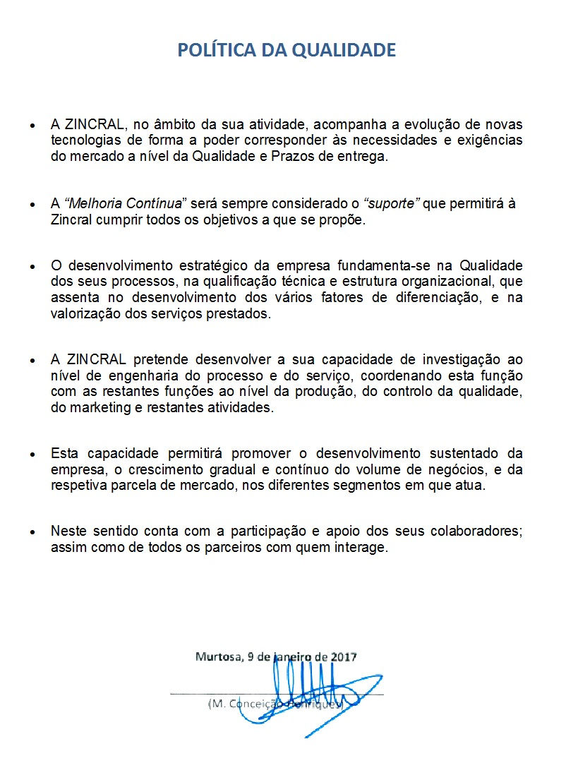 Politica da Qualidade Zincral 2017