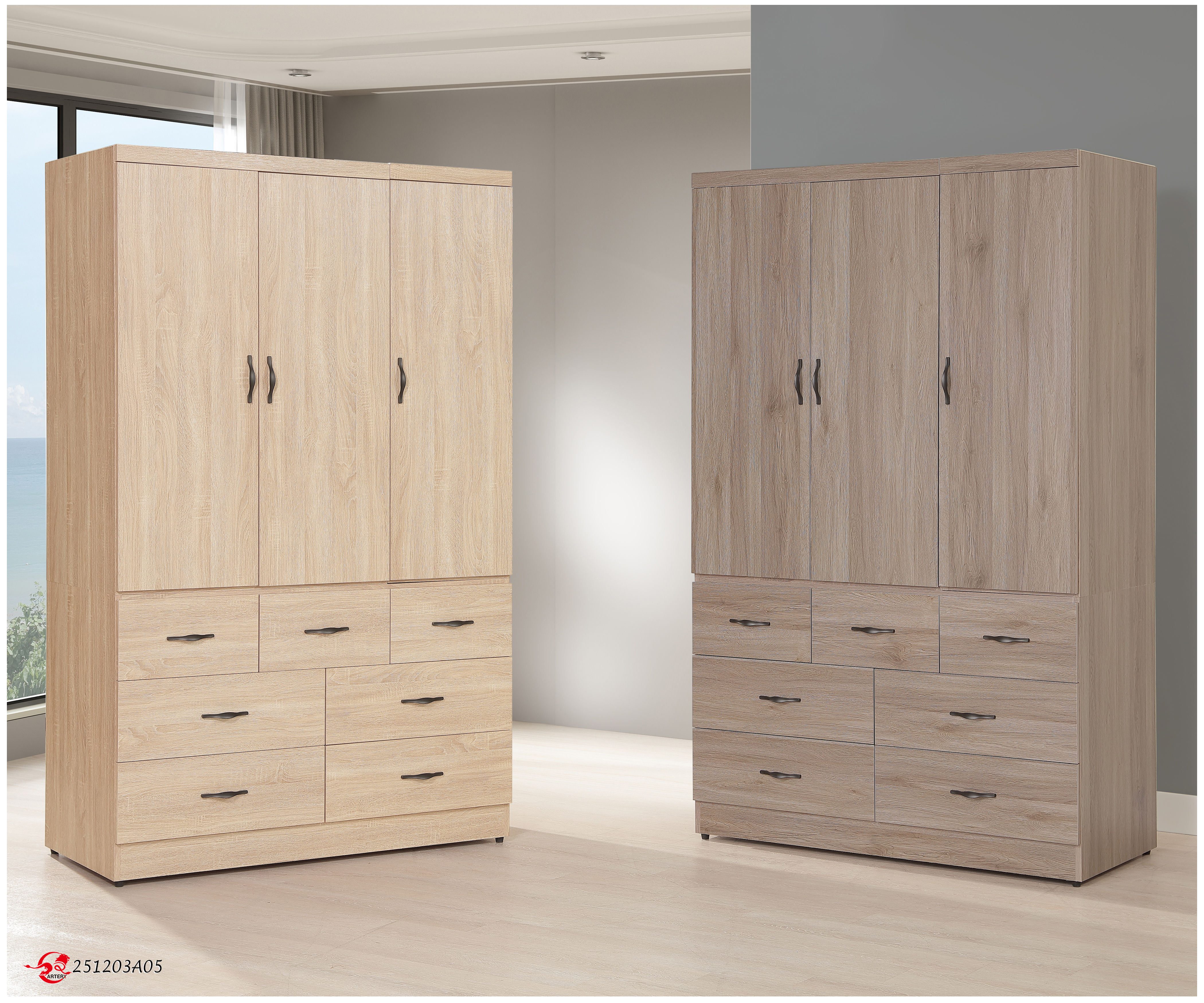 妮拉 4X7尺灰橡七抽開門衣櫃