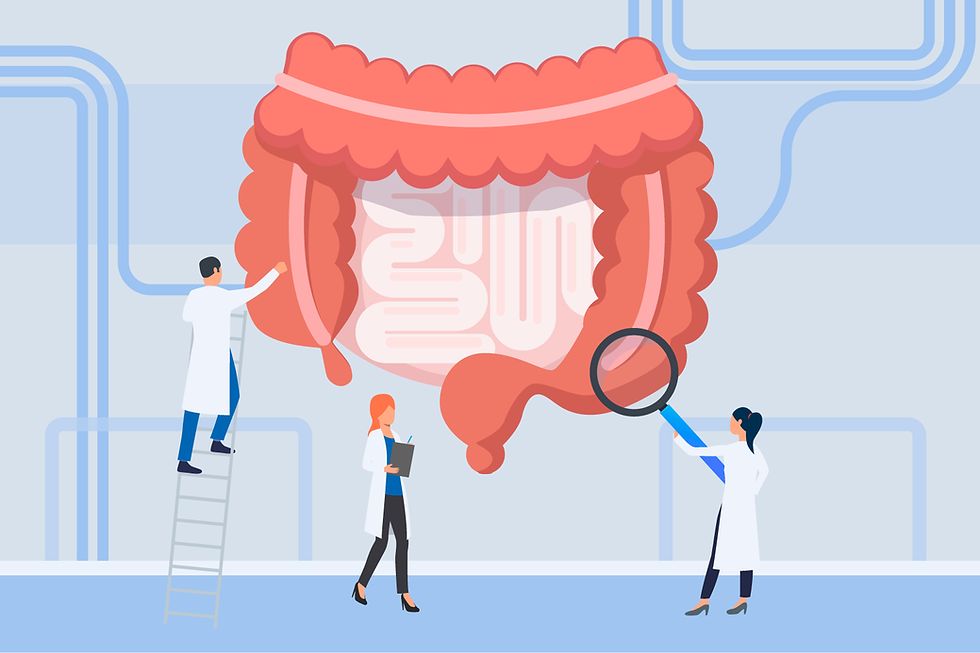 Desenho de um intestino gigante sen do examinado por três cientistas