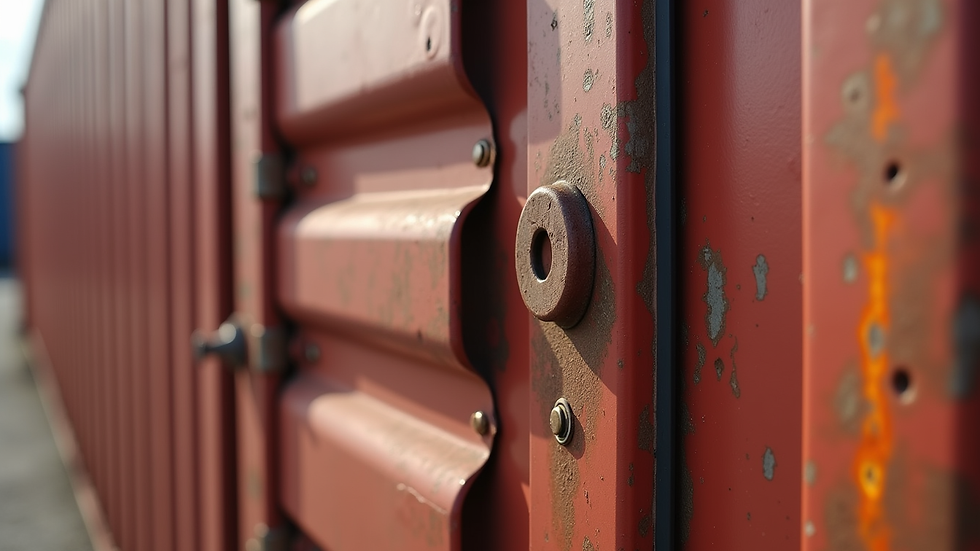 Close-up view of a shipping container door with visible rust and seal