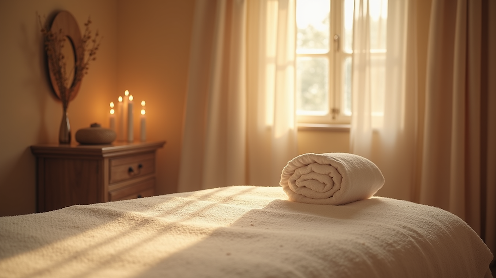 High angle view of calm massage room with soft lighting