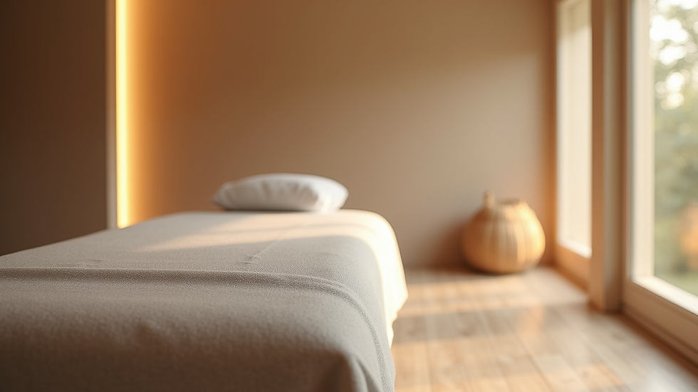 Eye-level view of a calm therapy room with massage table and soft lighting
