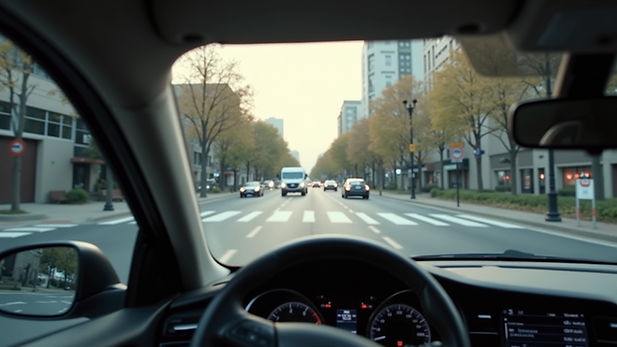 Eye-level view of a car approaching a pedestrian crossing