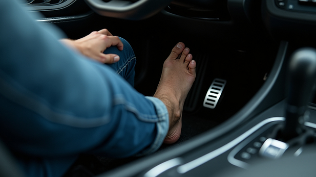Close-up of a learner driverās foot on the clutch pedal