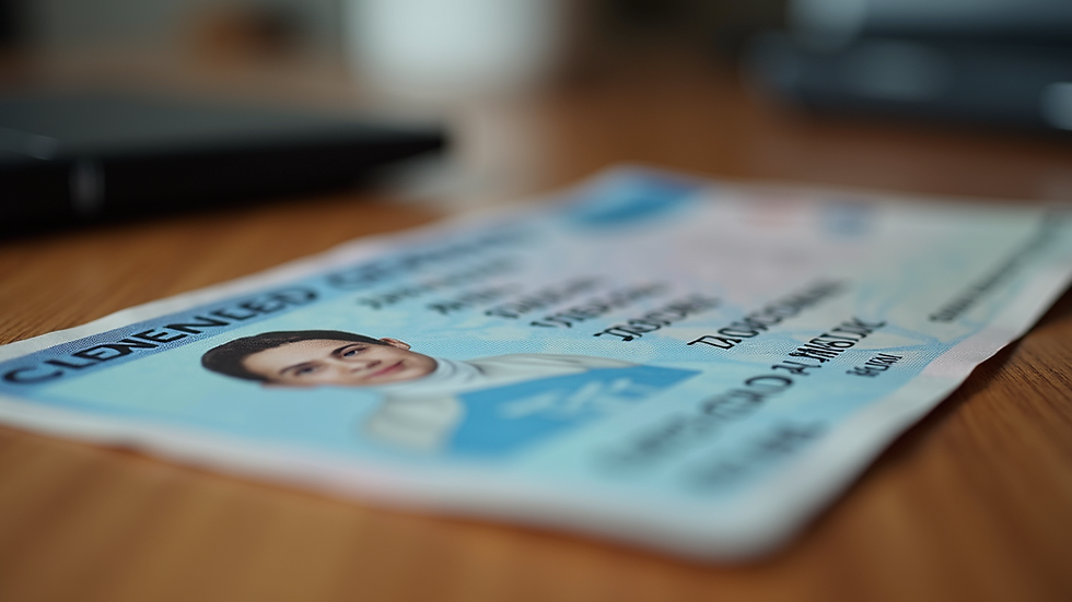 Eye-level view of a UK driving licence on a wooden table