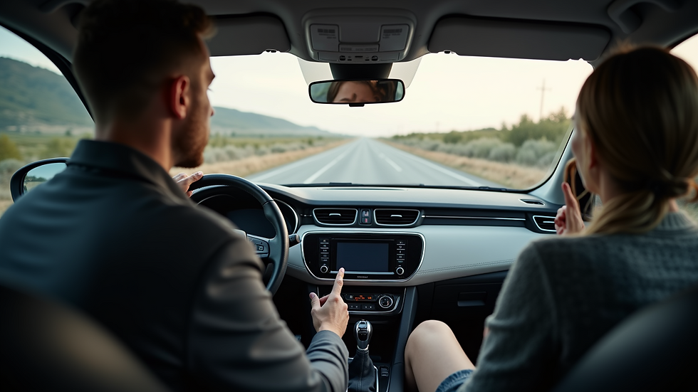 High angle view of a driving instructor explaining controls inside an automatic car