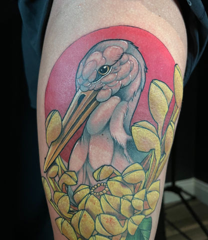 color tattoo stork and chrysanthemum