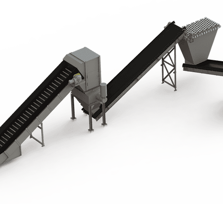 Banda transportadora industrial para transporte de materias primas, suministros, piezas y productos terminados.
