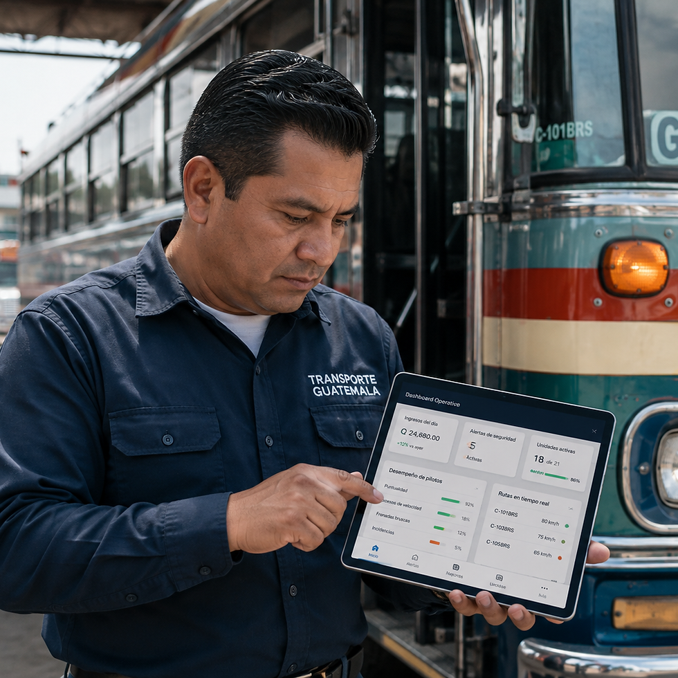 Administrador revisando datos de operación junto a un bus