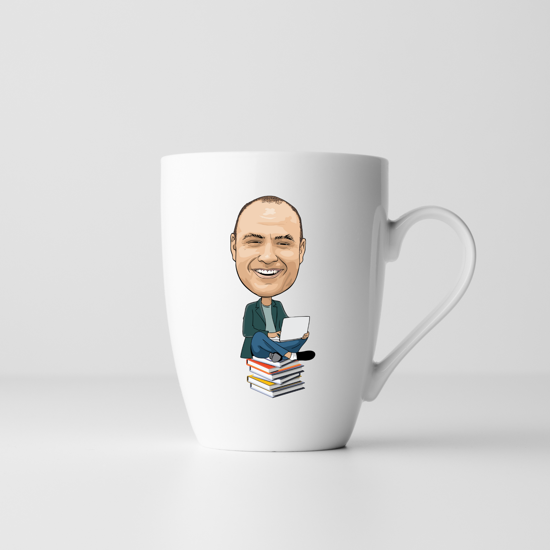 Caricatura en taza, botella o camisa