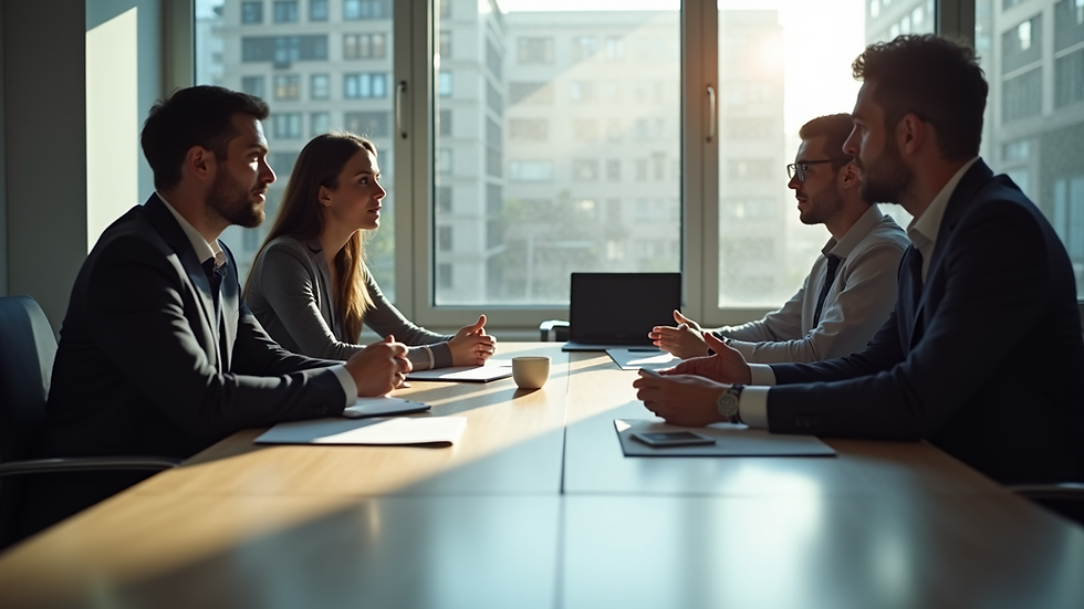 Eye-level view of a business team discussing strategy around a conference table