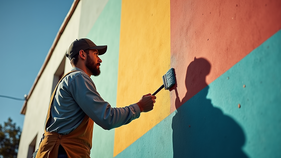 Vue en plongée d'un artisan appliquant une peinture extérieure sur une façade