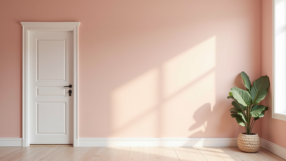 Eye-level view of a freshly painted modern living room wall in soft pastel color
