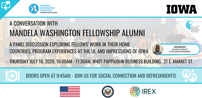 A conversation with mandela washington fellowship alumni. A panel discussion exploring fellows' work in thir home countries, grogram experiences at the UI, andimpressions of iowa banner image