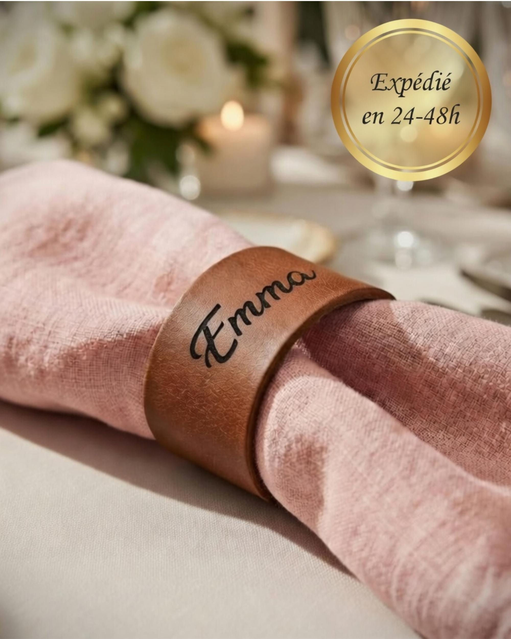 Rond de Serviette Similicuir Gravé Prénom | Cadeau Mariage Baptême Anniversaire