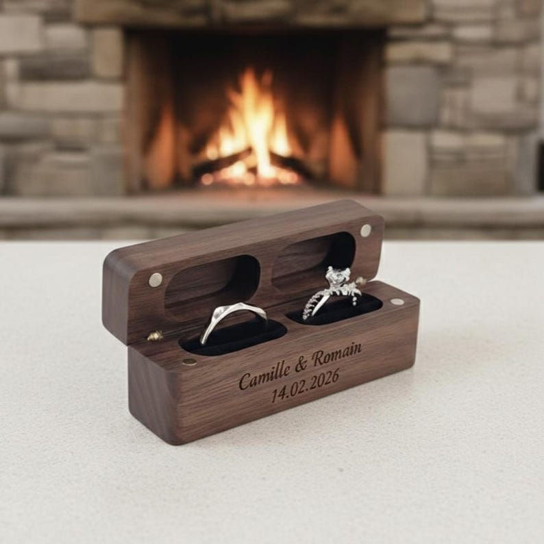 Miniature : Boîte Alliances Bois Personnalisée | Écrin Mariage Fiançailles |  Rangement Bag