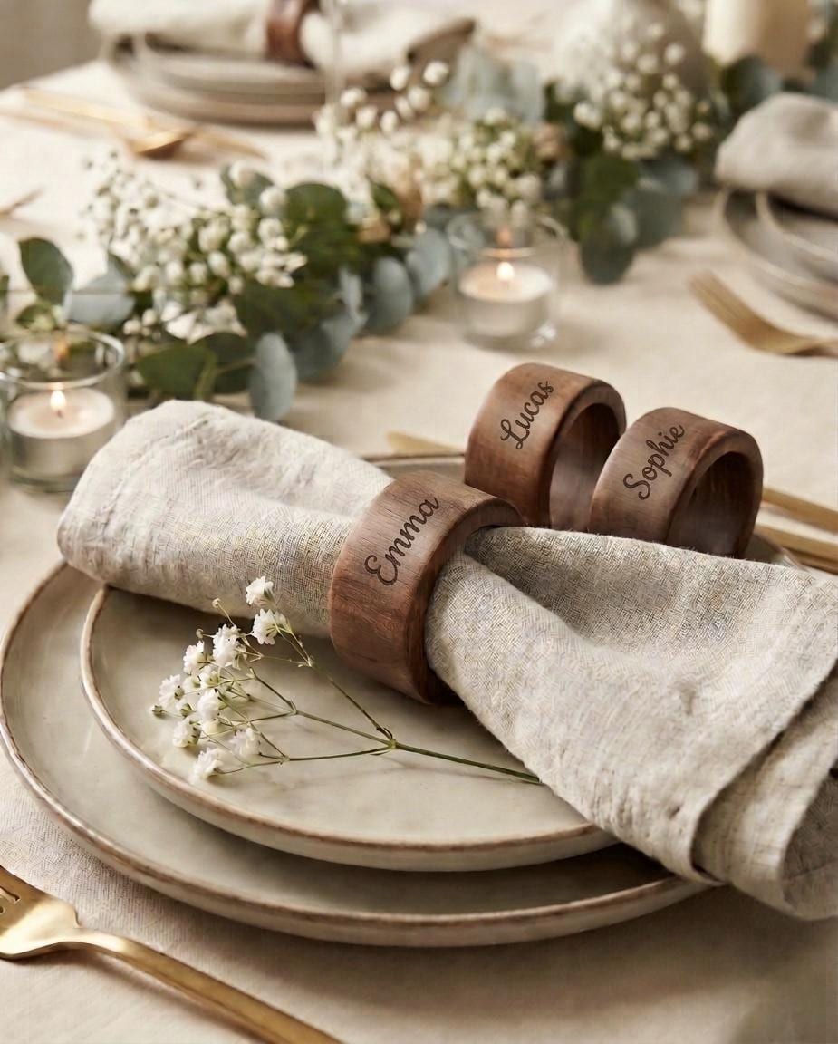 Rond de Serviette Mariage Champêtre Bois Personnalisé | Prénom Gravé Laser | Ma