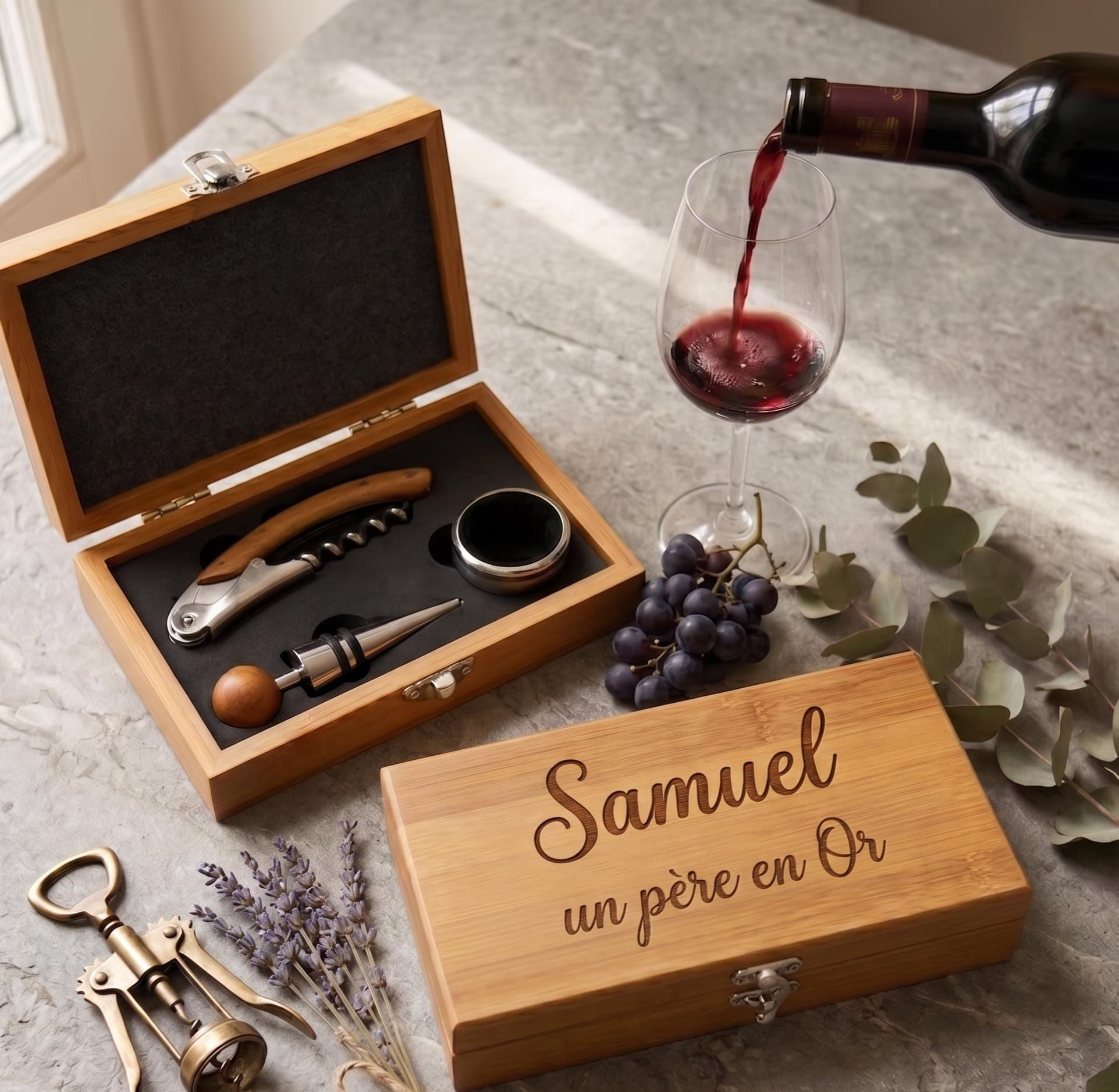 Coffret Sommelier Bois Personnalisé Gravé | Cadeau Fête des Pères | Set Vin