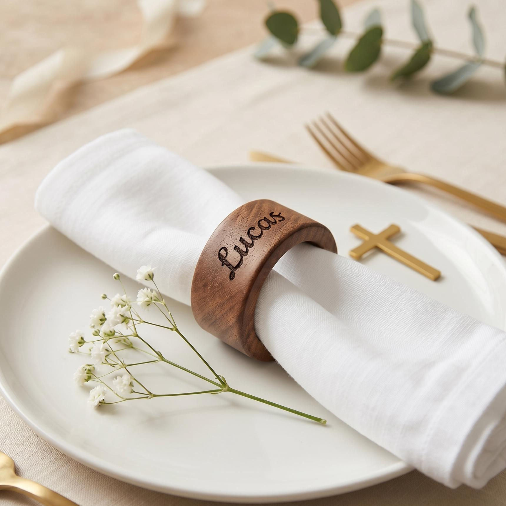 Rond de Serviette Bois Gravé Communion Personnalisé | Prénom Gravé Laser | Marq