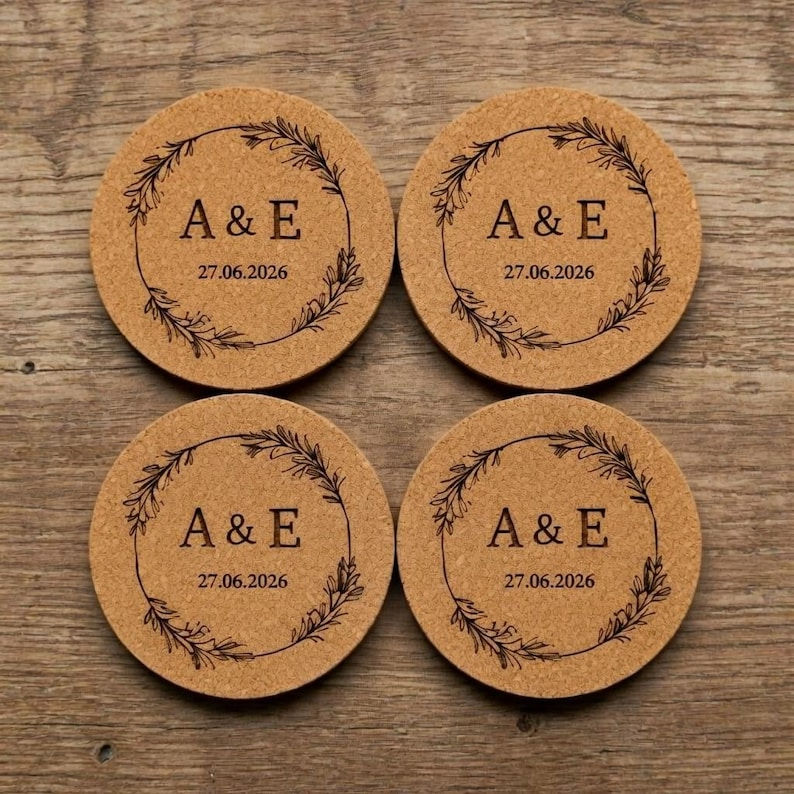 Miniature : Sous-Verre Liège Gravé Prénom Personnalisé | Cadeau Mariage Invités |  Lot Rond