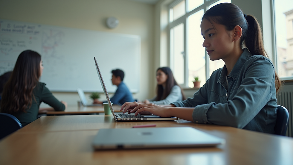 Eye-level view of a student using a laptop in a modern classroom