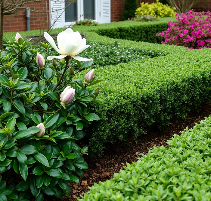 landscape image with magnolia little gem and buxus japonica hedges.png
