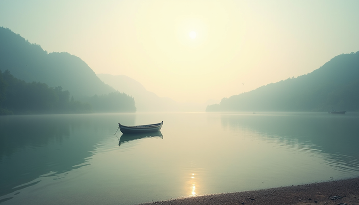 Eye-level view of a quiet lakeside with a single boat floating near the shore