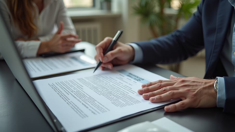 High angle view of a mortgage broker discussing documents with a client