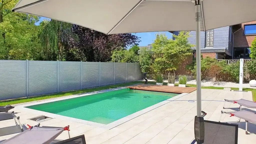 Ansicht auf einen Naturpool mit anliegender Terrasse aus Holz und einen Loungebereich aus Natursteinen.