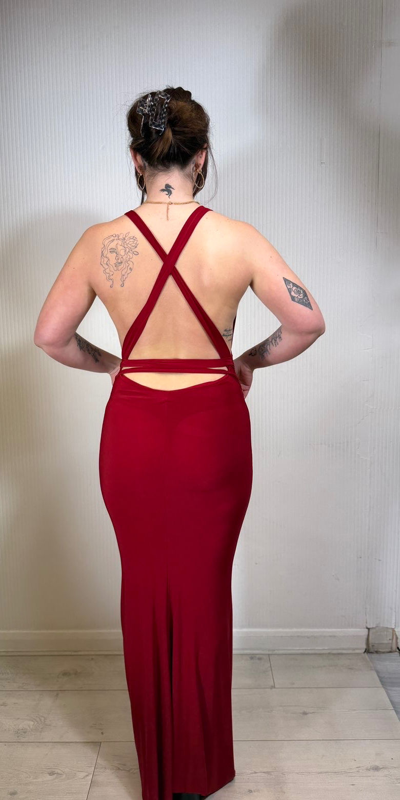 Thumbnail: Red v neck maxi dress with open cross back 