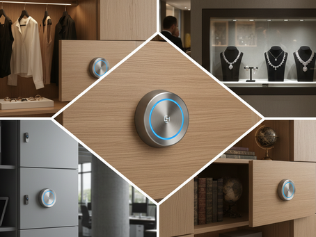 Collage of images of different storage cabinets with electronic cabinet locks installed