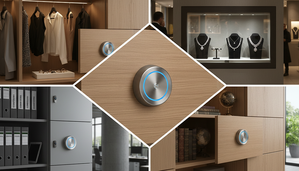 Collage of images of different storage cabinets with electronic cabinet locks installed