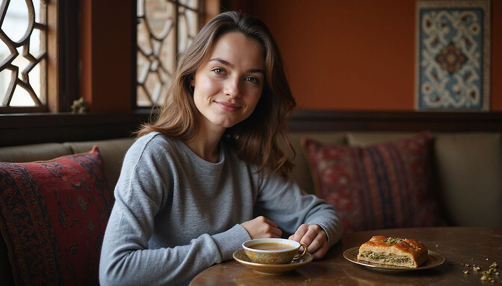 Smiling woman in a cozy cafe, sitting by the window. She has tea and a slice of baklava on the table, surrounded by warm decor.