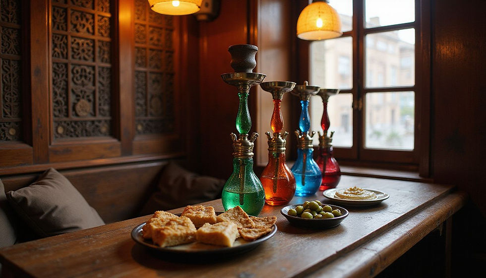 Colorful hookahs and plates of pastries, hummus, and olives sit on a wooden table in a cozy, warmly lit room with ornate wood panels.