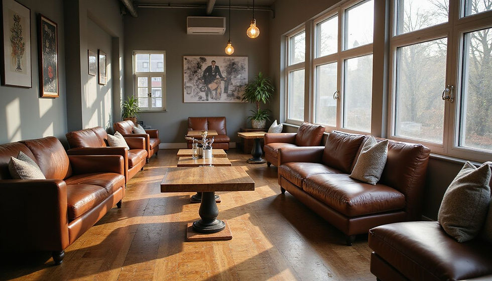Sunlit room with brown leather sofas, wooden tables, and art on gray walls. Large windows and potted plants create a cozy atmosphere.