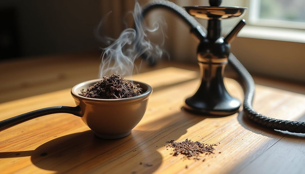 Bowl of steaming tobacco on a sunlit wooden table, beside a black hookah. Loose tobacco scattered, creating a relaxed atmosphere.