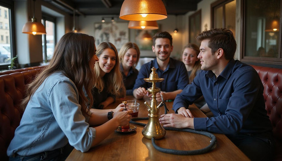 Group of six friends enjoying drinks and a hookah in a cozy, warmly-lit café with red leather seating. Smiles suggest a joyful mood.