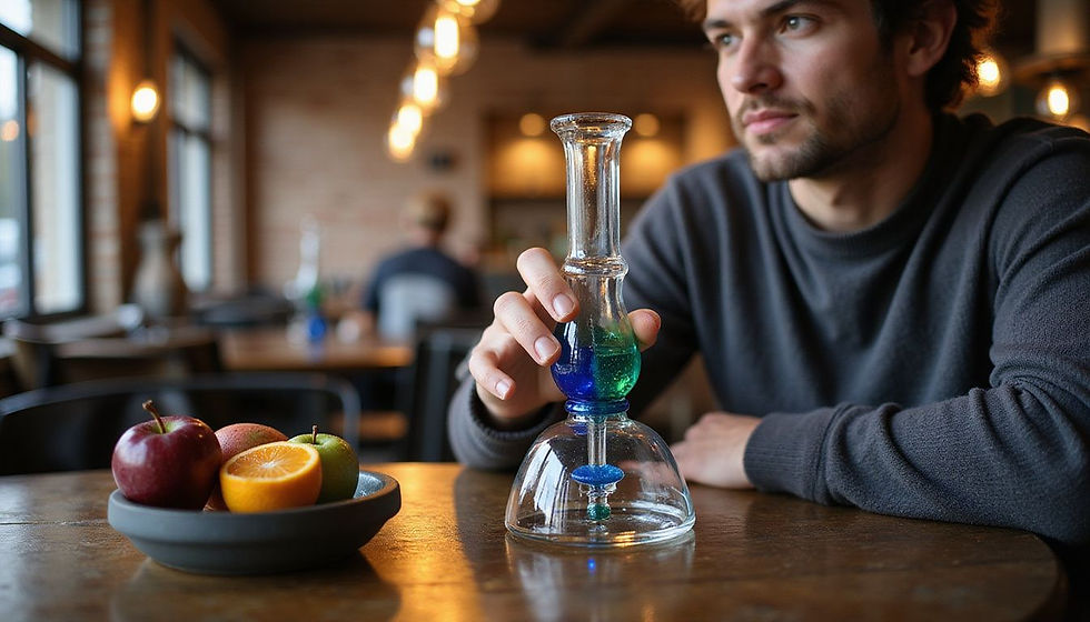 Man in gray sweater holds a glass ornament with blue and green liquid in a cozy café. Bowl of fruit on table, warm lighting, contemplative mood.